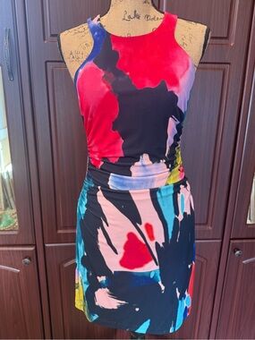 Trina Turk Red, Black, Pink, Blue Abstract Print Mini Dress